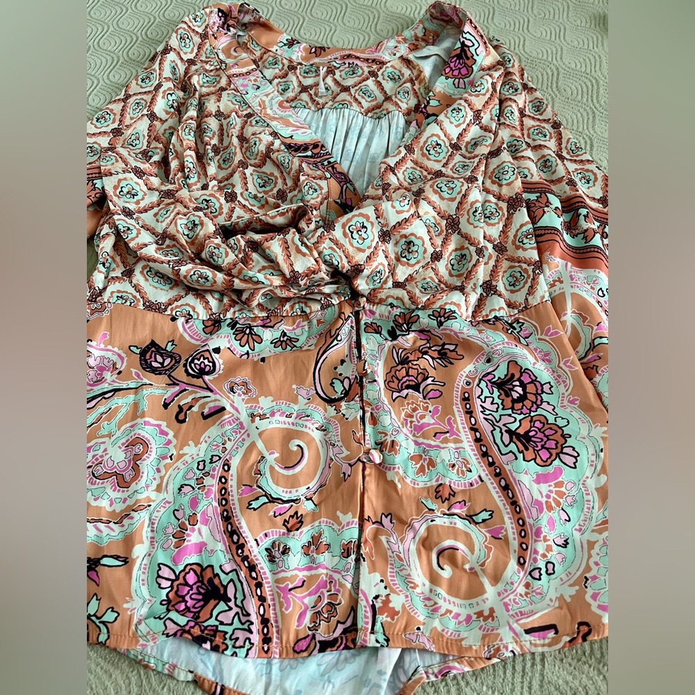 Free People Peach Paisley Tie-Front Blouse - Picture 8 of 11